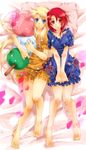  bangs barefoot bed blonde_hair blue_eyes blurry blush bow breast_squeeze breasts dakimakura dango densetsu_no_yuusha_no_densetsu ferris_eris food food_themed_clothes frills from_above frown hair_between_eyes hair_spread_out highres indoors kiefer_knolles lace legs long_hair looking_at_viewer lying medium_breasts mekeko multiple_girls on_back pajamas pillow pillow_hug red_eyes red_hair ribbon shirt_tug short_hair side-by-side smile swept_bangs very_long_hair wagashi 
