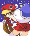  aonagi_hayate bad_id bad_pixiv_id bag brown_eyes brown_hair disgaea dress elbow_gloves from_behind gloves hat kazamatsuri_fuuka long_hair looking_back makai_senki_disgaea_4 prinny red_gloves red_hat santa_costume smile solo thighhighs v white_legwear 