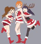  antlers black_hair boots brown_eyes brown_hair christmas highres hug inami_mahiru long_hair long_legs multiple_girls nse ponytail reindeer_antlers santa_costume short_hair taneshima_popura thighhighs working!! yamada_aoi 