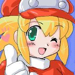  :d blonde_hair blush girutaabo gloves green_eyes hat heart looking_at_viewer lowres oekaki one_eye_closed open_mouth rockman rockman_dash roll_caskett smile solo thumbs_up 