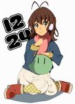  antenna_hair brown_eyes brown_hair clannad dango_daikazoku furukawa_nagisa highres kanbe_piroshiki pantyhose scarf short_hair solo 