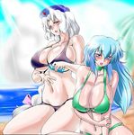  bikini blue_eyes blue_hair blush bow breasts cleavage curvy danna_(karatekikku) danna_(pixiv) female hair_bow huge_breasts kamishirasawa_keine long_hair short_hair silver_hair swimsuit touhou yagokoro_eirin 