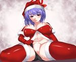  blonde_hair breasts censored cube_(circussion) hat large_breasts nagae_iku nipples panties panties_aside red_eyes red_legwear santa_hat solo thighhighs touhou underwear 