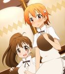  apron brown_eyes brown_hair dutch_angle inami_mahiru long_hair multiple_girls orange_eyes orange_hair ponytail taneshima_popura tray van-s working!! 