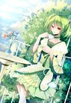  bad_id bad_pixiv_id cup dress dutch_angle flower green_dam green_hair hair_ornament lethe_wakako os-tan personification red_eyes sitting socks solo table teacup twintails vase white_legwear 