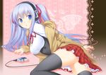  47agdragon :o bow breasts digital_media_player hair_bow hair_ribbon hanging_breasts headphones large_breasts looking_at_viewer original ribbon school_uniform shadow shiny shiny_skin solo thighhighs twintails zettai_ryouiki 