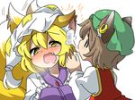  :3 animal_ears bad_id bad_pixiv_id bell blonde_hair blowing blush bow brown_eyes brown_hair cat_ears chen dress drooling eargasm earrings eromame fang fox_ears fox_tail hat jewelry multiple_girls multiple_tails open_mouth shirt tabard tail touhou vest white_dress yakumo_ran yellow_eyes 