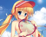  blonde_hair blue_eyes blush breasts game_cg kazamatsuri_mana manatsu_no_yoru_no_yuki_monogatari mikeou nipples tennis topless twintails 