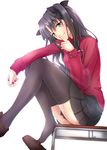  bad_id bad_pixiv_id black_hair black_legwear blue_eyes bow desk fate/stay_night fate_(series) finger_to_mouth hair_bow highres long_hair long_legs on_desk pokimari shoe_dangle shoes shushing simple_background sitting sitting_on_desk skirt smile solo thighhighs toosaka_rin two_side_up 