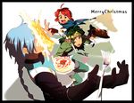  armor blue_hair cake christmas food fork fruit gloves green_hair green_shirt male_focus mao_(tales) merry_christmas multiple_boys ponytail red_hair serori_(koredemoka) shirt strawberry tales_of_(series) tales_of_rebirth tytree_crowe veigue_lungberg 