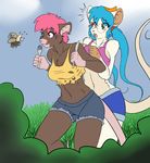  beetle big_breasts blue_hair breasts bug clothed clothing cutoffs denim_shorts eyewear female freckles glasses green_eyes hair insect jasmine_(skidd) mammal mouse piercing pink_eyes pink_hair rodent shirt shorts skidd tail tank_top tomboy 