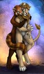 ambiguous_gender anthro couple cuddle cuddling curiodraco duo feline fur hug hug_from_behind lion mammal mane nude pubes red_panda smile snuggle standing tail_around_leg tuft 
