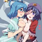  blue_eyes blue_hair breast_press breasts expressive_clothes hair_ornament hair_rings hair_stick hat jiangshi kaku_seiga large_breasts miyako_yoshika multiple_girls navel no_bra ofuda open_clothes open_shirt sama_samasa shiny shiny_skin shirt short_hair symmetrical_docking touhou translated upper_body yuri 