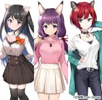  3girls animal_ear_fluff animal_ears aqua_jacket bangs belt belt_buckle black_camisole black_choker black_eyes black_hair black_legwear black_pants black_skirt blue_eyes blush bow breasts buckle buttons camisole cat_ears choker cleavage closed_mouth collarbone commentary_request copyright_request cowboy_shot frilled_shirt frills hair_ribbon hand_behind_head hand_on_hip hand_up jacket jewelry long_hair long_sleeves looking_at_viewer low_twintails medium_breasts miniskirt multiple_girls necklace nishizawa off_shoulder official_art orange_bow pants pink_sweater pleated_skirt purple_eyes purple_hair red_hair red_ribbon ribbon shirt shirt_tucked_in short_hair sidelocks skirt sleeves_past_wrists smile standing sweater thighhighs twintails two_side_up undershirt watermark white_background white_shirt white_skirt zettai_ryouiki 