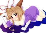  breasts brown_hair cleavage cosplay elbow_gloves gloves horns ibuki_suika long_hair medium_breasts open_mouth purple_eyes purple_skirt skirt solo touhou white_gloves yakumo_yukari yakumo_yukari_(cosplay) yoye_(pastel_white) 