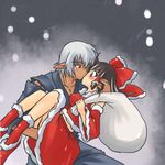  1girl bare_shoulders black_hair blue_eyes blush bow buront carrying christmas couple dark_skin detached_sleeves elf elvaan final_fantasy final_fantasy_xi hair_bow hair_tubes hakurei_reimu hetero japanese_clothes kiss koraku_gekki long_hair lowres pointy_ears princess_carry red_eyes sack santa_costume short_hair silver_hair skirt the_iron_of_yin_and_yang touhou 