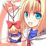  :d alice_margatroid apron arm_up ascot blonde_hair blue_dress blue_eyes blush bow dress hair_bow hairband hanging long_hair nirap open_mouth revision shanghai_doll shirt short_hair smile solo string string_play_spider_baby touhou v-shaped_eyebrows 