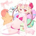  belly bikini blonde_hair blush blush_stickers flandre_scarlet hat highres ichio kneeling navel pillow red_bikini red_eyes scarf snowman solo string_bikini swimsuit thighhighs touhou white_legwear wings 