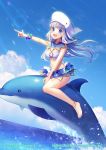  1girl :d animal animal_hat anklet bangs bare_arms bare_legs bare_shoulders barefoot bikini bikini_skirt blue_eyes blue_nails blue_sky bracelet breasts cloud commentary_request copyright_name day dolphin dutch_angle fish floating_hair hat horizon jewelry long_hair looking_at_viewer medium_breasts momoshiki_tsubaki nail_polish ocean official_art open_mouth outdoors outstretched_hand pointing riding sidelocks silver_hair sky smile solo stomach swimsuit thighs water watermark whale_hat white_bikini z/x 