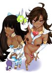  2girls :p ahoge between_breasts black_hair blush breasts brown_eyes cat chuck chuck_(psg) clothes_between_breasts corset dark_skin detached_sleeves dog high_heels highres hikapan honekoneko jewelry large_breasts long_hair looking_at_viewer multiple_girls navel necklace nipples open_mouth panties panty_&amp;_stocking_with_garterbelt panty_(character) panty_(psg) photoshop pink_panties ring sandals simple_background size_difference smile stocking_(character) stocking_(psg) striped striped_legwear thighhighs tongue tongue_out underwear undressing very_long_hair white_background wings 