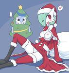  &lt;3 2girls alternate_color anthro big_breasts blush boots breasts christmas christmas_tree clothed clothing cosplay duo elbow_gloves female gardevoir gloves green_hair hair hat holidays ikanomaru legwear multiple_girls nintendo nipples pok&#233;mon pokemon red_eyes sack santa_costume santa_hat simple_background star stockings thigh_highs thighhighs tree video_games white_body wink 