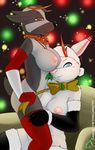  amber_eyes anthro bell blue_eyes blush boob_in_face bow breasts cervine christmas duo female hat holidays lapinstein leaning legwear lesbian mammal mistletoe necklace orange_eyes outside plant reindeer santa_hat sitting snow sofa stockings xmas 