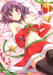  1girl absurdres amamiya_amane bare_shoulders black_legwear blush bow breasts bustier choker christmas cleavage copyright_request elbow_gloves fortissimo//akkord:bsusvier fortissimo_exs//akkord:naechsten_phase gift gloves highres konata_(artist) large_breasts lying midriff mogami_noa navel ornament panties purple_eyes purple_hair red_gloves ribbon smile solo source_request thighhighs underwear white_panties 