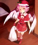  adapted_costume animal_ears ayagi_daifuku bed boots capelet door gloves hat mystia_lorelei pink_hair red_capelet red_eyes red_footwear red_gloves sack santa_costume santa_hat short_hair slit_pupils solo striped striped_legwear thighhighs touhou wings zettai_ryouiki 