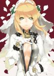  92m ahoge blonde_hair blurry breasts center_opening chain cleavage depth_of_field fate/extra fate/extra_ccc fate_(series) flower gloves green_eyes hair_flower hair_ornament hand_on_own_chest lock medium_breasts nero_claudius_(bride)_(fate) nero_claudius_(fate)_(all) padlock petals short_hair solo unzipped unzipping veil white_gloves zipper 
