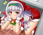  ass banned_artist bell boots breasts fay_(fay_axl) gloves hat idolmaster idolmaster_(classic) large_breasts long_hair looking_at_viewer nipples purple_eyes santa_boots santa_hat shijou_takane solo tears 