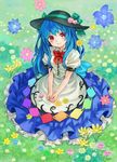  ama-tou apron blouse blue_hair blush daisy dress field flower flower_field food frilled_skirt frills from_above fruit hands_together hat hat_ribbon head_tilt hinanawi_tenshi long_hair looking_up own_hands_together peach puffy_sleeves red_eyes ribbon short_sleeves sitting skirt smile solo touhou v_arms 