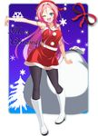  ;d aqua_eyes bad_id bad_pixiv_id bare_shoulders black_legwear boots christmas dansa dra+koi hat heroine_(dra+koi) highres knee_boots long_hair merry_christmas one_eye_closed open_mouth outstretched_arm pantyhose pink_hair sack santa_costume santa_hat skirt slit_pupils smile snowflakes solo standing 