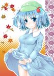  :3 autumn_leaves ayase_miko blue_eyes blue_hair dress dress_lift hair_bobbles hair_ornament hat kawashiro_nitori panties solo striped striped_panties touhou two_side_up underwear 