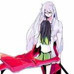  1girl animal_ears borrowed_garments dog_ears from_behind height_difference higurashi_kagome inuyasha inuyasha_(character) japanese_clothes long_hair lowres mottimotti oekaki school_uniform serafuku 