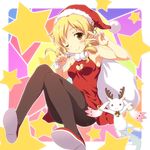  :3 antlers armpits bare_shoulders blonde_hair blush blush_stickers cleavage_cutout dress drill_hair hat heart heart_cutout kyubey long_hair looking_at_viewer mahou_shoujo_madoka_magica one_eye_closed pantyhose sack santa_hat shoes sitting smile star tomoe_mami v yamasan yellow_eyes 