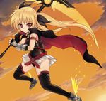  ashita_(2010) bad_id bad_pixiv_id bardiche belt black_legwear blonde_hair brown_eyes cape fate_testarossa fingerless_gloves flying gloves long_hair lyrical_nanoha mahou_shoujo_lyrical_nanoha scythe solo thighhighs twintails 