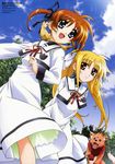  absurdres animedia arf arms_behind_back blonde_hair brown_hair cloud day fate_testarossa ferret hair_ribbon hashimoto_takayoshi highres long_hair lyrical_nanoha mahou_shoujo_lyrical_nanoha mahou_shoujo_lyrical_nanoha_a's mahou_shoujo_lyrical_nanoha_the_movie_2nd_a's multiple_girls non-web_source official_art okuda_yasuhiro open_mouth ponytail purple_eyes red_eyes ribbon scan school_uniform seishou_elementary_school_uniform short_twintails sky smile takamachi_nanoha twintails yuuno_scrya 