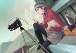  beanie bellows_camera black_legwear boots brown_hair camera cat cloud day dutch_angle hat hidari_kagetora jacket long_hair original pantyhose rubber_boots sidelocks sitting sky solo suitcase tripod 