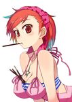  bad_id bad_pixiv_id bare_shoulders between_breasts blush breasts cleavage food jewelry kusanagi_tonbo large_breasts looking_at_viewer megami_ibunroku_devil_survivor mouth_hold necklace pocky red_eyes red_hair solo strap_gap tanigawa_yuzu 