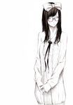  bow closed_eyes glasses hair_bow highres monochrome original pink-framed_eyewear ribbon solo sousou_(sousouworks) spot_color 