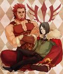  argyle argyle_background armor bad_id bad_pixiv_id bangs bare_shoulders beard black_eyes black_hair cape command_spell crossed_arms facial_hair fate/zero fate_(series) imanatsu male_focus multiple_boys necktie parted_bangs red_eyes red_hair rider_(fate/zero) sandals waver_velvet 