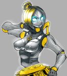  bad_id bad_pixiv_id blonde_hair blue_eyes breasts covered_nipples fighting_stance gears glowing glowing_eyes league_of_legends medium_breasts orianna_reveck robot short_hair simple_background solo space_jin 