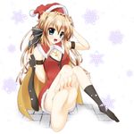  :d aruha barefoot bell blonde_hair blue_eyes blush cape center_opening dress feet foreshortening hair_ribbon hat jewelry long_hair mashiroiro_symphony necklace open_mouth pov_feet ribbon santa_hat sena_airi single_sock sitting smile socks soles solo toes 