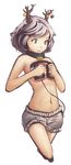  antlers bell bell_collar bloomers collar covering covering_breasts face flat_chest green_eyes headphones headphones_on_breasts heterochromia horns navel original red_eyes reindeer_antlers saimon_ma short_hair silver_hair solo topless underwear 