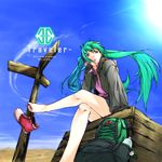  aqua_eyes aqua_hair barefoot crossed_legs day from_below hatsune_miku legs long_hair minakuchi_takashi shoes sign sitting sky solo twintails vocaloid 