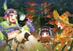  3girls armor arzuros_(armor) bad_id bad_pixiv_id black_hair boned_meat boots breasts brown_hair closed_eyes cup food hat jack-o'-lantern kippu meat medium_breasts monster_hunter monster_hunter_portable_3rd mosgharl_(armor) multiple_girls navel pink_hair pumpkin qurupeco_(armor) sakazuki underboob witch_hat 