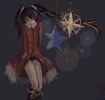  black_hair black_rock_shooter black_rock_shooter_(character) boots christmas christmas_ornaments coat fur_trim hands_in_pockets heterochromia knee_boots long_hair panties_(pantsu-pirate) red_coat short_shorts shorts solo twintails 