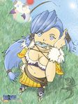  1girl :3 artist_request blue_eyes blue_hair breasts final_fantasy final_fantasy_crystal_chronicles fish fish_in_mouth fishing looking_at_viewer looking_up moogle sandals selkie smile sweatdrop 