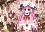 alternate_costume blush book bow braid capelet catbell crescent dress hair_bow hat highres long_hair patchouli_knowledge purple_eyes purple_hair solo star touhou twin_braids 