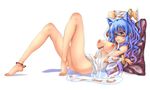  animal_ears anklet barefoot blue_eyes blue_hair bracelet breasts breasts_outside cleavage detached_sleeves feet jewelry kawagoe_pochi large_breasts long_hair mouth_hold navel nipples no_panties pillow ragnarok_online see-through solo sorcerer sorcerer_(ragnarok_online) 